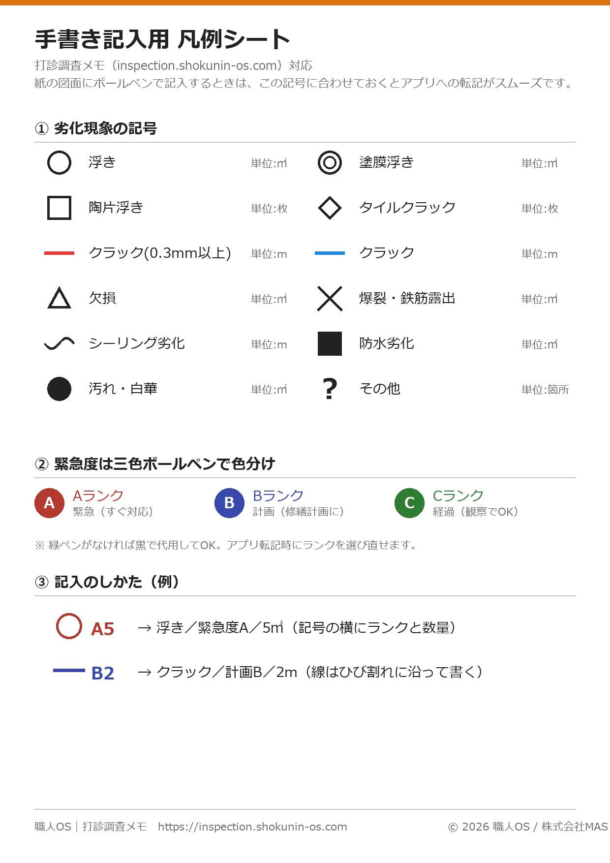 手書き記入用 凡例シートの見本